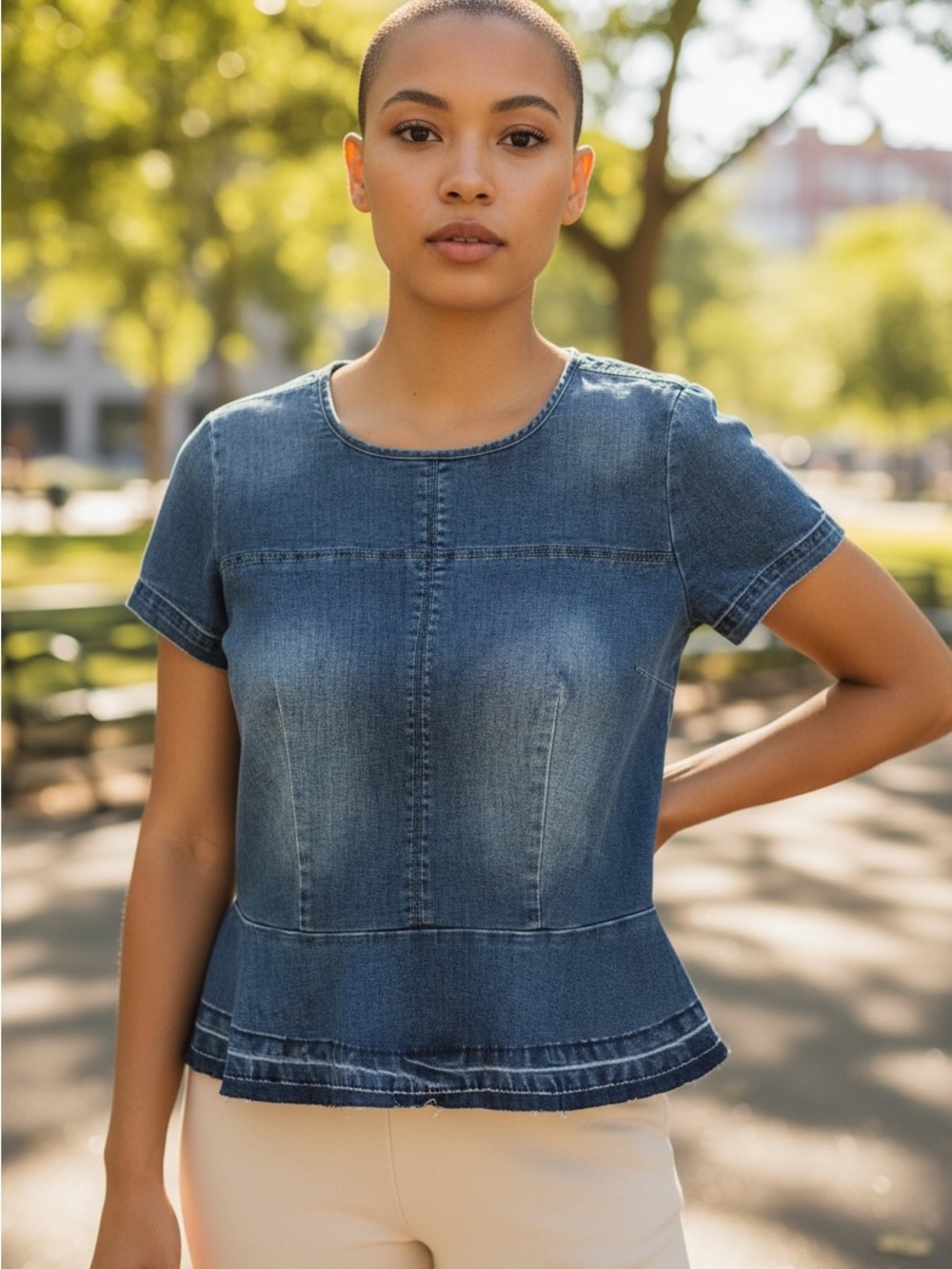 bebe Denim Peplum Tee in Medium Blue